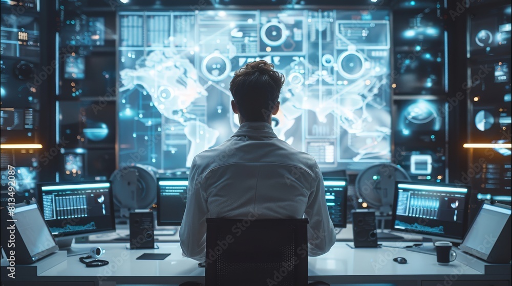Poster In office, A man working with computers, the computers are working automatically, artificial intelligence, technology scene. Generative AI.