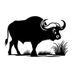 African Buffalo Silhouette- Against the Savanna's Horizon in Stunning Vector Artistry- African Buffalo Illustration- African Buffalo Vector. 