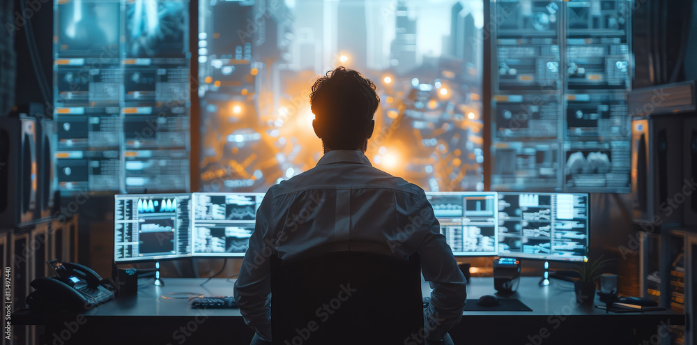 Poster In office, A man working with computers, the computers are working automatically, artificial intelligence, technology scene. Generative AI.