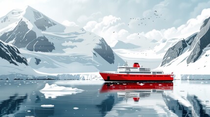 A stylized illustration of a red ship in an arctic glacier landscape with icebergs and mountains.