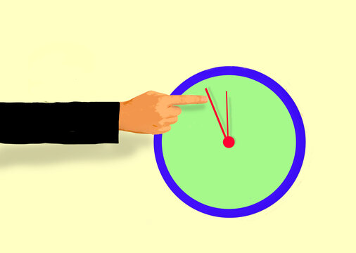 Hand pointing over clock against yellow background