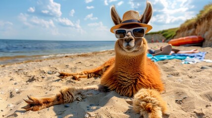 Naklejka premium Llama in stylish accessories relaxing on beach vacation leisure concept with space for text