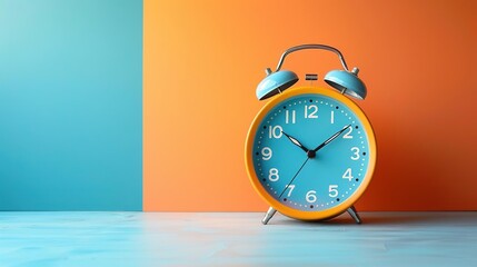 A blue and orange retro alarm clock sits on a blue table against a split blue and orange background.