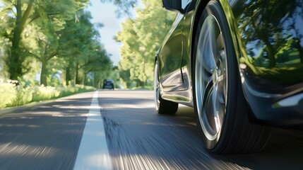 Close-up of Car Wheel on a Sunlit Road Surrounded by Trees, Concept of a Summer Road Trip Journey. Vibrant Colors and Motion Blur Capture Speed and Dynamism. AI