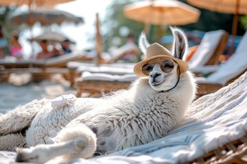 Naklejka premium Stylish llama relaxing on beach vacation vibes with sunglasses and hat, ideal copy space
