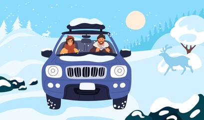 People in car travel. Cute driver and passenger. Vehicle front view. Winter trip. Family driving on snow covered road. Snowy landscape. Automobile adventure vacation. Garish vector concept