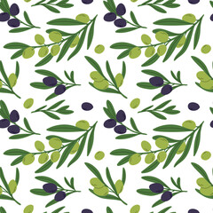 Olive seamless pattern. Organic product. Branches with green leaves or black fruits. Decorative tree sprigs. Agriculture summer plant. Repeated print. Garish vector botanical background