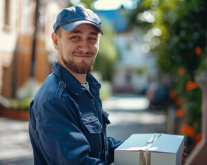 Close up photo of a postal delivery courier delivering a package to the receiver.