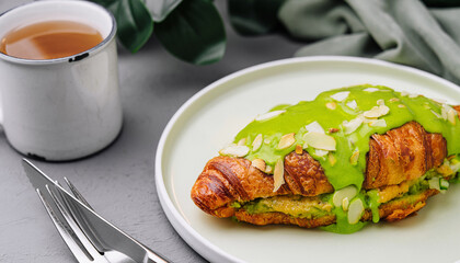 Green matcha croissant on plate with tea