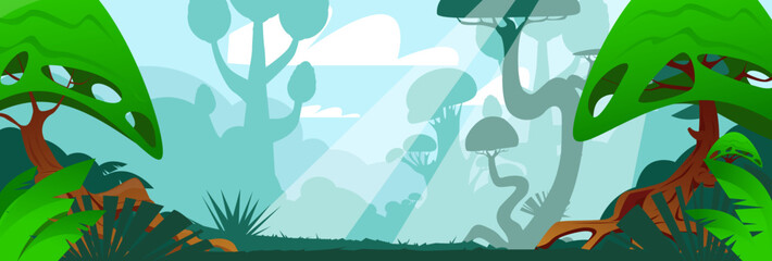 Magic forest landscape. Fancy shape trees. Fairytale plants. Mystic game woods. Playing natural location. Green foliage. Game scenery. Fantasy glade. Summer panorama. Vector background