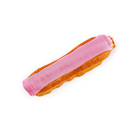 Pink iced eclair on white isolated