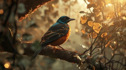 Black bird feather with blue striped color perched on a branch with sunlight. illustration mini bird in forest