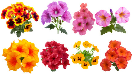 Set of vibrant bedding flowers including geraniums, marigolds, and petunias