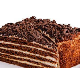 Chocolate layer cake slice on white plate