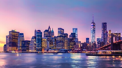 Naklejka premium Stunning Skyline View at Twilight, Urban Cityscape with Reflective Water. Digital Artistic Illustration for Wall Art and Design. AI