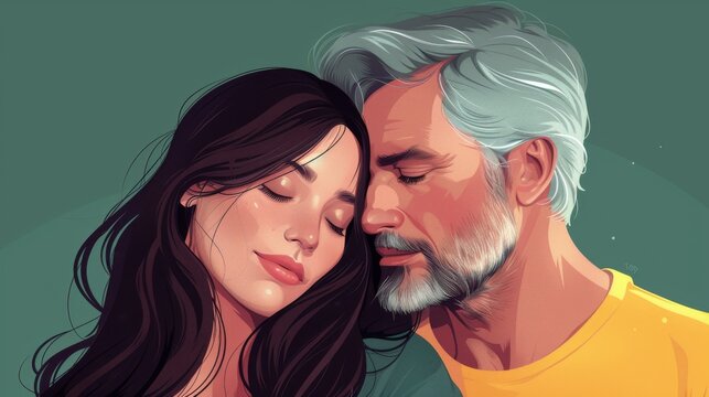 Illustration of a loving couple with an age gap, featuring a young woman and an older man with gray hair, sharing an affectionate moment.