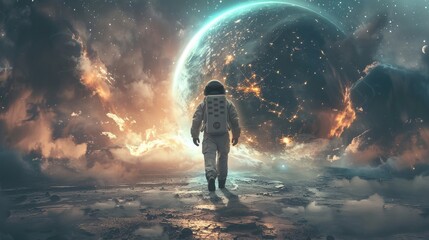 A man in a spacesuit stands on a planet in a blue sky