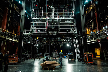 A Live stage production being built in a center stage type venue Stage rigging equipment, lighting trusses, stairs and PA systems being carried 