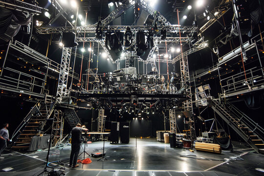 A Live stage production being built in a center stage type venue Stage rigging equipment, lighting trusses, stairs and PA systems being carried 