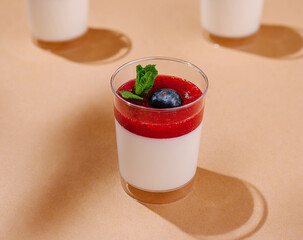 Elegant panna cotta dessert with berry sauce and fresh mint