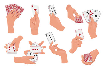 Cartoon human arms holding playing cards. Gambling luck. Vegas casino. Jackpot winning. Gaming fortune. Shuffling deck. Gamble aces. Poker hand. Entertainment club. Table games vector set