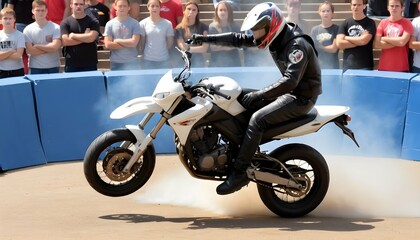 A motorcycle stunt rider performing a series of tr