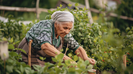 An elderly woman works in the garden, harvesting.