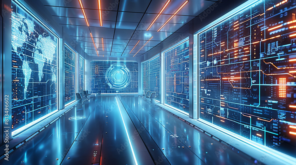 Leinwandbilder future technology office, a futuristic office with holographic displays , surrounded by digital data