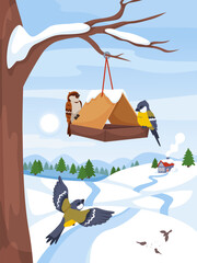 Birds on feeder. Winter landscape. Hanging house with grains on tree. Sparrows and titmouse. Wild nature. Tits pecking seeds. Cold season. Flying animal shelters. Recent vector concept
