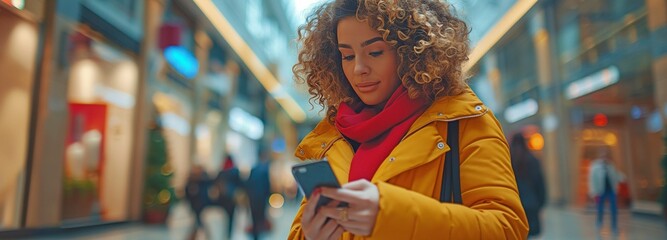 Obraz premium A grateful woman uses her phone while strolling through the mall.