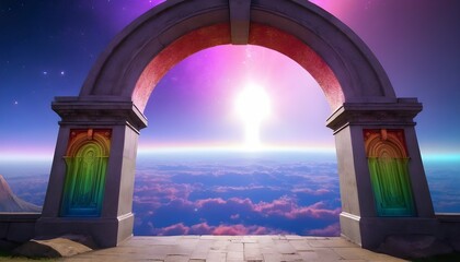 An archway of rainbow colors leading to the celes upscaled 4