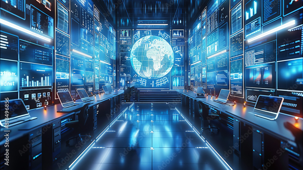 Leinwandbilder future technology office, a futuristic office with holographic displays , surrounded by digital data