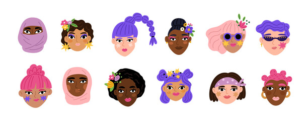 Abstract contemporary portraits. People faces. Comic women heads. Cartoon colorful characters. Different haircuts. Hairstyles with flowers or headscarf. Doodle avatars. Garish vector set