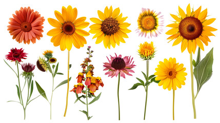 Set of sun-loving flowers including sunflowers, coreopsis, and blanket flowers, isolated on transparent background