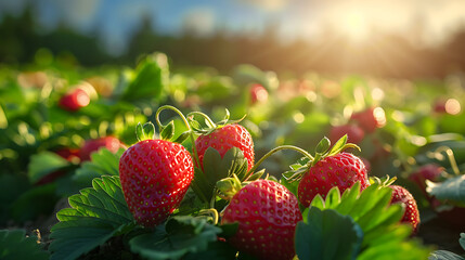 Fresh strawberries in the field, planted in sunlight.