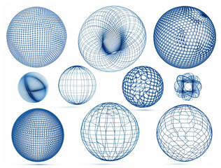 Vector set of different abstract geometric shapes, spheres and torus with wireframe lines on a white background.