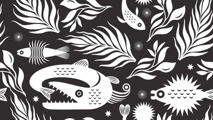black and white seamless pattern depicting abstract fishes and water plants, marine life	

