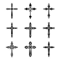 Christian cross vector icon symbols.  Abstract christian religious belief or faith art illustration for orthodox or catholic design. The symbol of the cross in various designs used in tattoo.