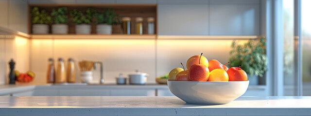 A minimalist kitchen with only a bowl of fresh fruit on the counter.