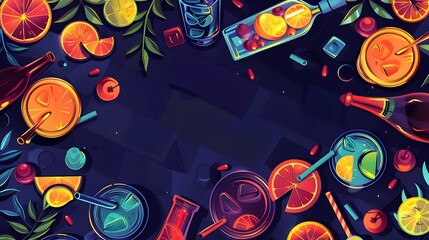 Vibrant Nightlife Cocktail A Flat Design of a Top View Cartoon Drink
