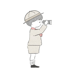 双眼鏡を覗く探検隊の男の子