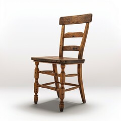 Traditional wooden kitchen chair with turned legs and a ladder back, isolated on white.