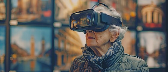 At a technology show, a senior citizen is wearing a virtual reality headgear. The booth embellished with photographs of famous sites allows an elderly woman to virtually go to exotic locations.