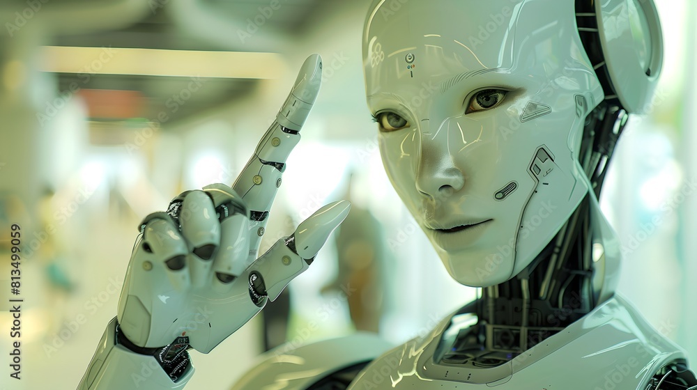 Aufkleber futuristic ai robot with human features pointing upwards. conceptual portrait of artificial intellig