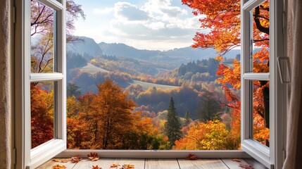 open window to the view of autumn landscape