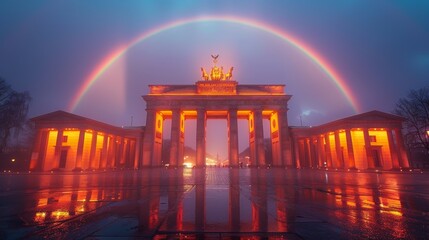 Obraz premium Stunning View of Brandenburg Gate Illuminated at Night Under a Double Rainbow
