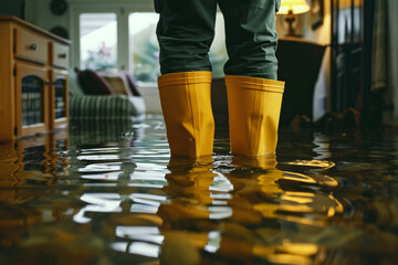 a man in rubber boots stands in a flooded house 