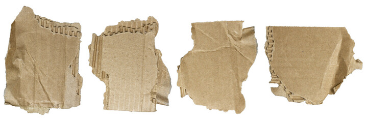 Collection of pieces of torn cardboard isolated topview on white