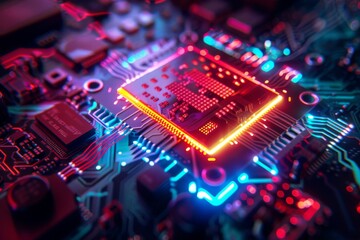 Futuristic Neon-Lit Computer Chip for High-Tech Marketing and Exhibitions