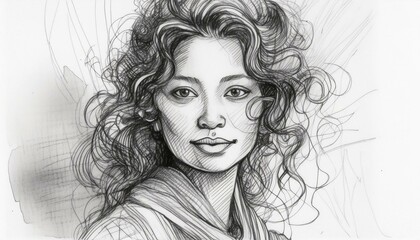 Sketch of asian woman on white paper